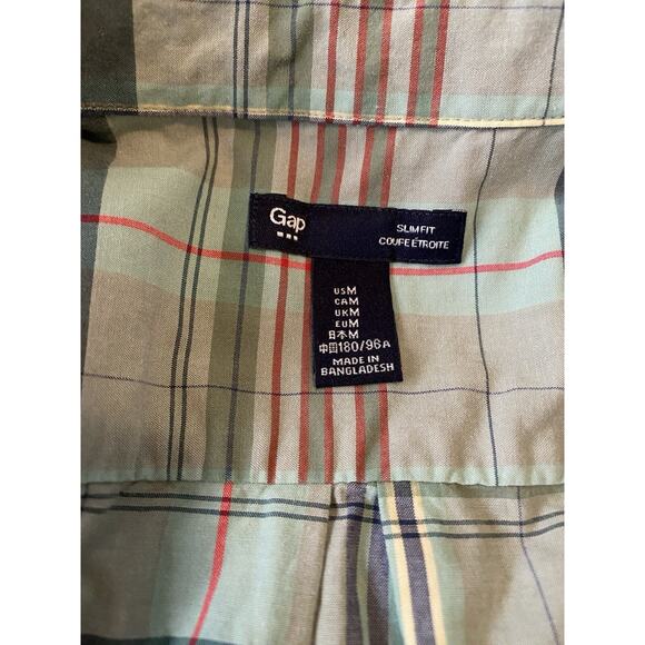 Gap Shirt Mens Size Medium Slim Fit Button Up Collared Green Plaid Casual Shirt - Picture 6 of 13